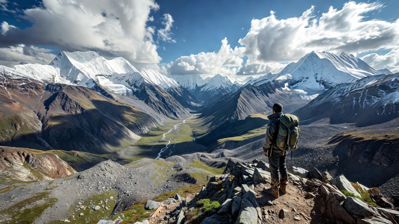 Hiker overlooking high altitude mountain valley ridge