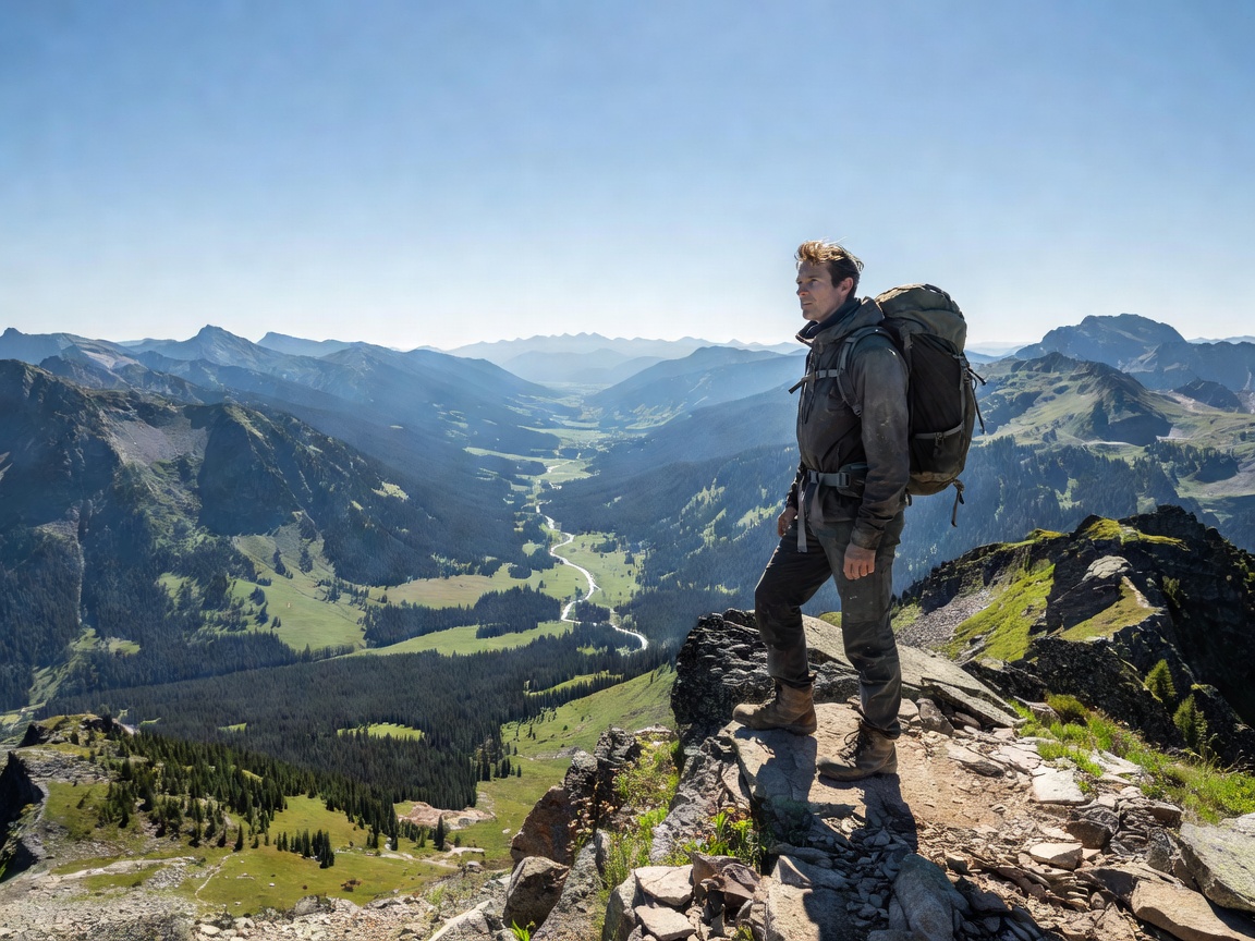 Hiker standing on high mountain peak overlooking valley