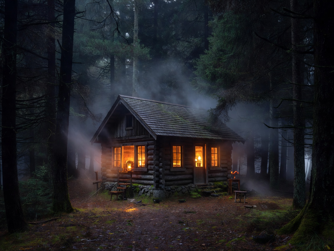 Misty Peak Haven cabin warmly lit against dark woodland trees
