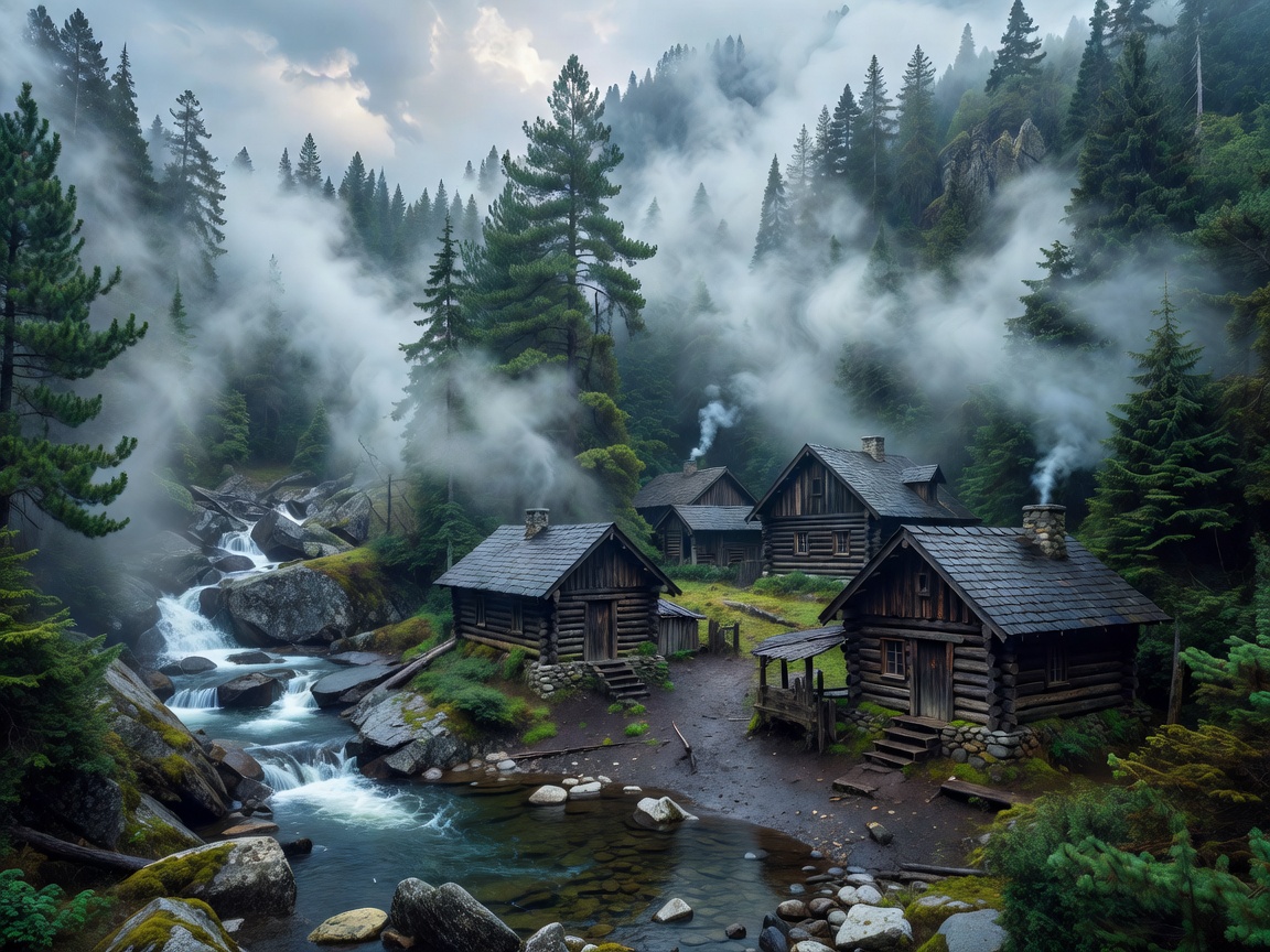 Misty Peak Haven cabin glowing in twilight forest