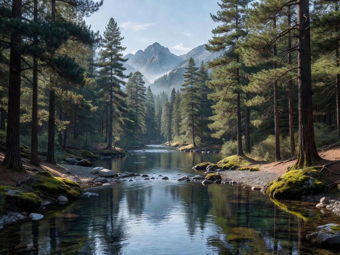 Serene river flowing through mountain pine forest