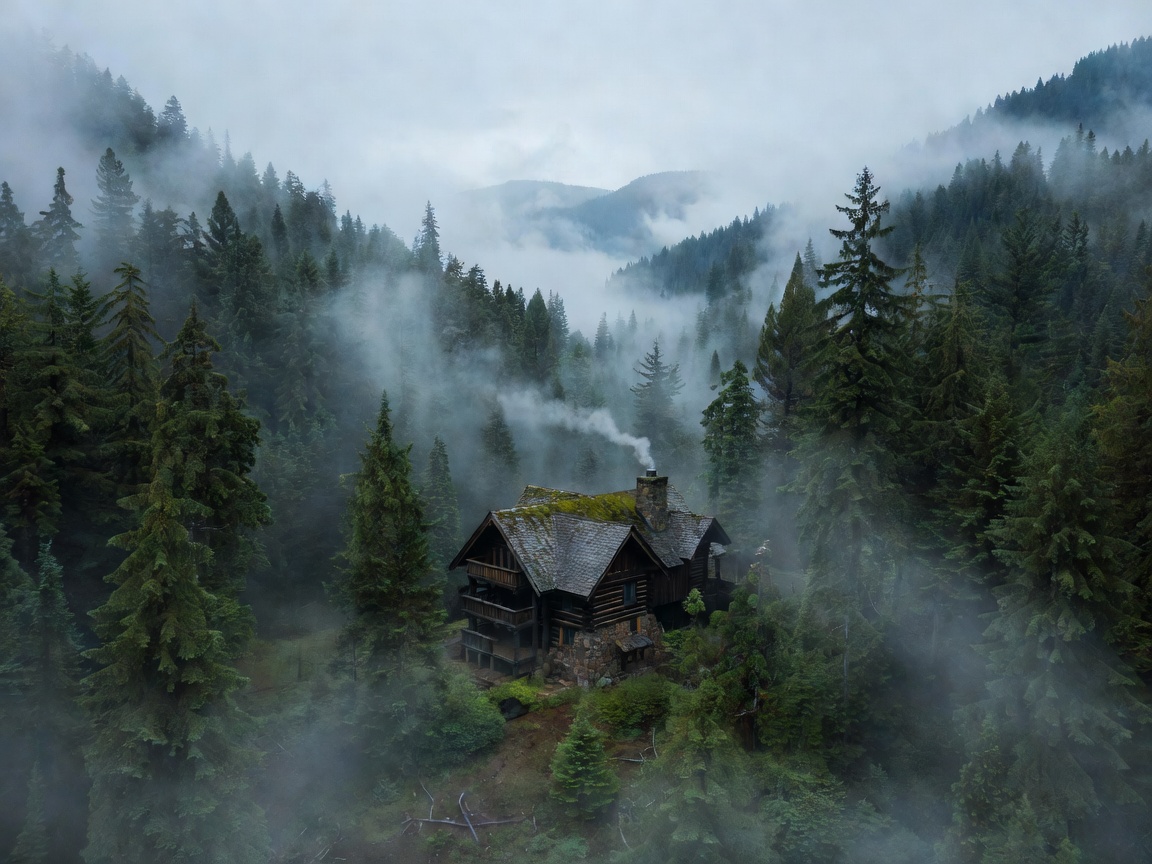 Silver Creek Timber Lodge nestled in foggy mountains