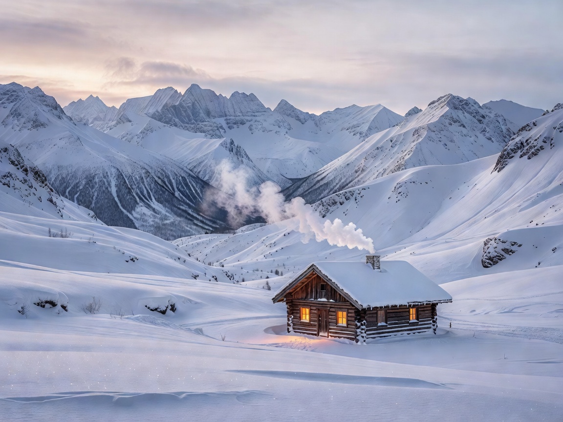 Snowy mountain landscape with cozy cabin fire smoke