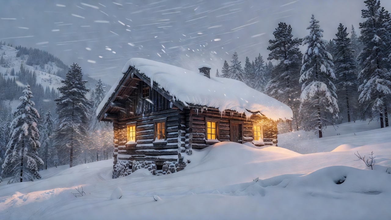 Winter mountain cabin glowing during snowstorm